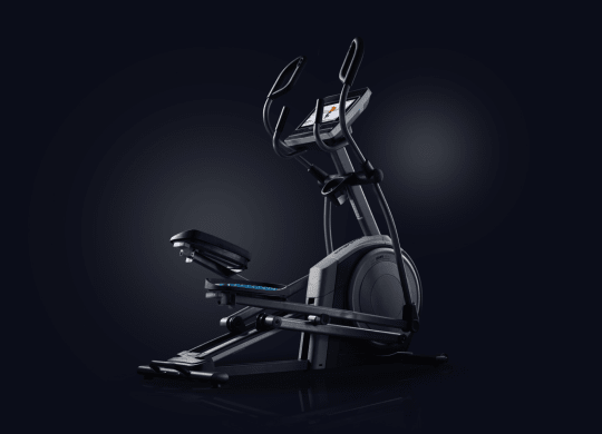 Angled profile shot of the 14.9 elliptical on a dark blue gradient