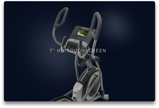 Zoomed in angled profile shot of the 9.9 elliptical on a dark blue gradient