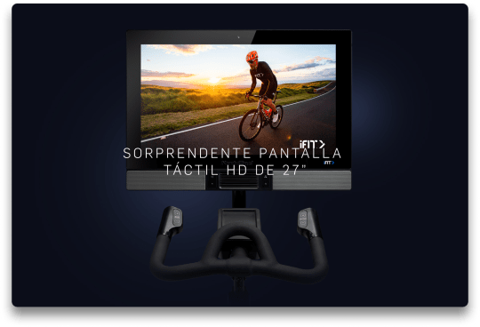 Imagen de perfil de la bicicleta con la pantalla siendo también una toma de perfil. Todo sobre un fondo degradado azul oscuro.