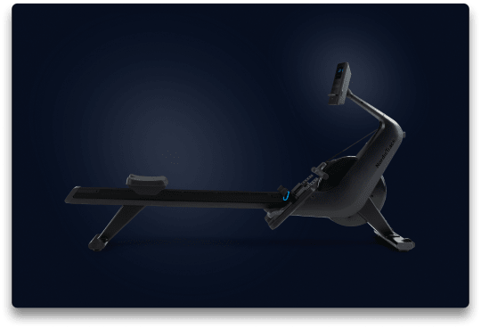 Profile shot of the rower, from the back to the front on a dark blue gradient background