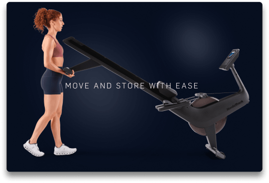 woman moving the rw900 rower with the front-mounted wheels
