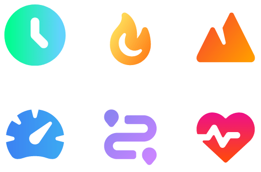 icons representing health—a clock, fire, mountain, spedometer, map, and heart