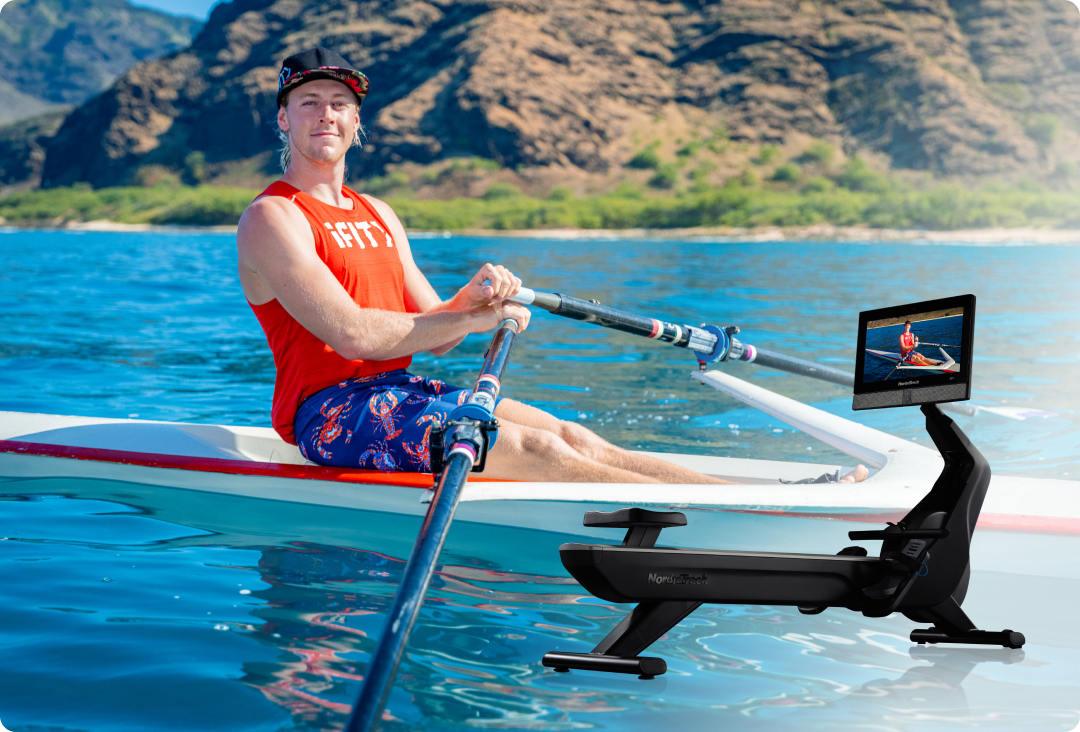 ifit trainer sitting in a single-person rower along with a side image of a nordictrack rower