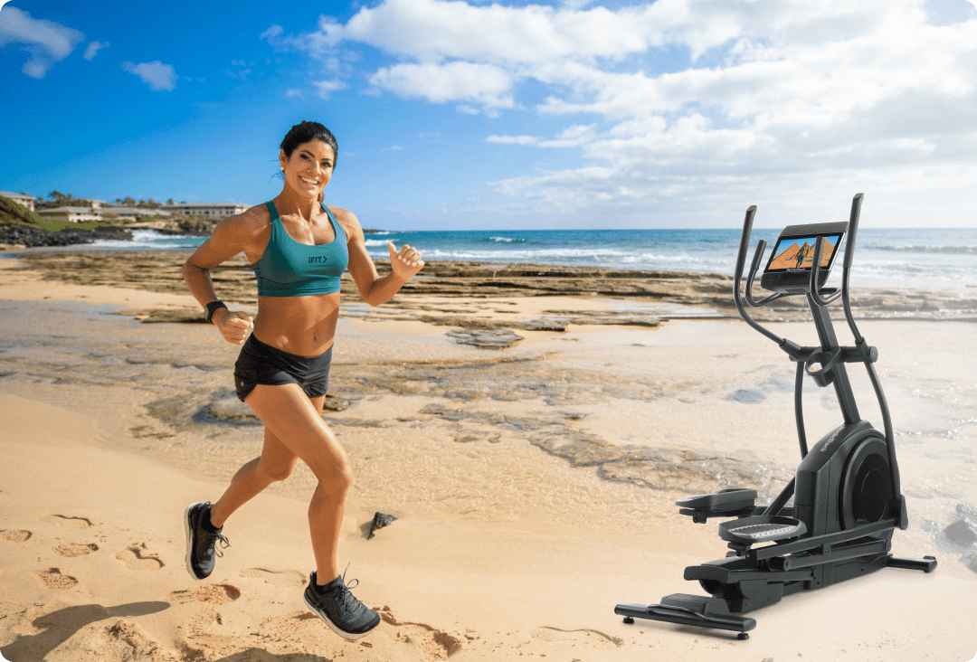 ifit trainer running on a beach