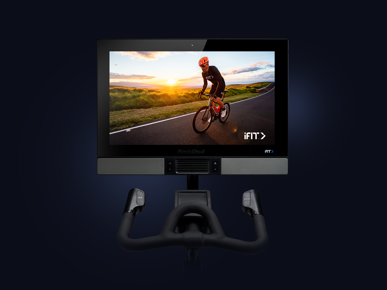 Top half of bike shown including screen and handlebars. iFIT trainer is riding a bike on the screen.